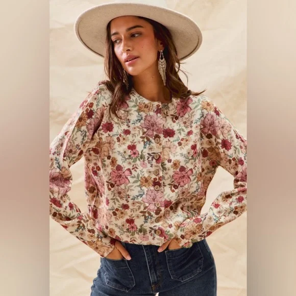 Clay Rose Floral Print western boho Button Down Cardigan Sweater tunic top - Picture 2 of 6